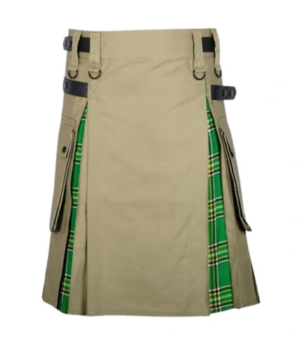 Khaki Cotton Irish Tartan Cargo Hybrid Kilt